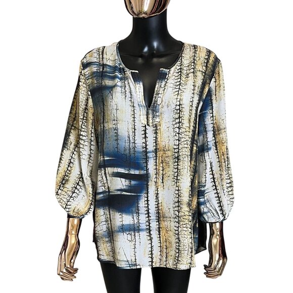 Tianello Blue Multicolor Silk Abstract Print Tunic Blouse Size Large - Picture 3 of 13